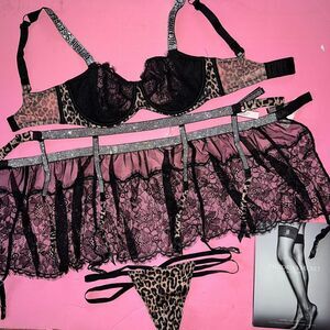Victoria's Secret unlined 34C,34DD BRA SET+garter BLACK LACE ANIMAL SHINE STRAP